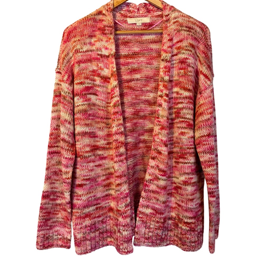 Ann Taylor LOFT Pink Space Dye Open Front Cardigan Sweater L Marled Longline
